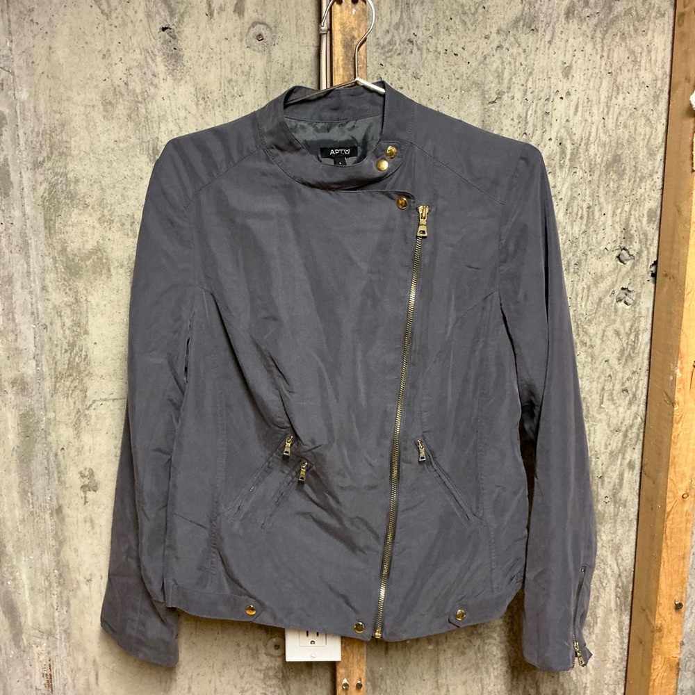 Apt. 9 Gray Moto Jacket Size L Asymmetrical Zip Gold Button Accents